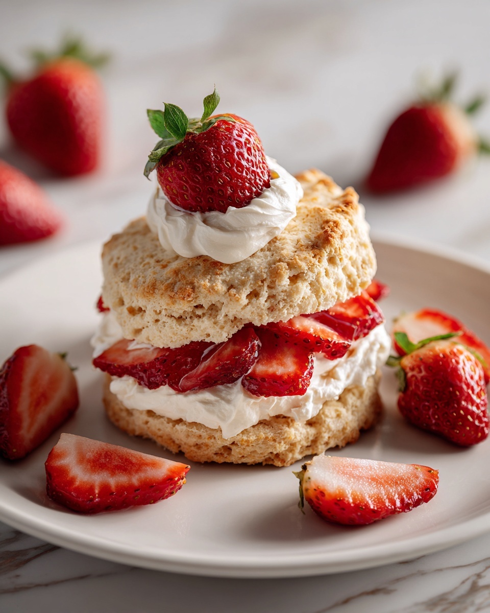 The image shows a single biscuit split into two thick layers, both light golden brown with a crumbly texture. Between the biscuit layers, there is a layer of white cream that looks smooth and fluffy. Sliced red strawberries are placed on top of the cream, and a dollop of cream with a small whole strawberry sits on the top biscuit. Around the biscuit on the white plate are whole and sliced strawberries, all on a white marbled surface. Photo taken with an iphone --ar 4:5 --v 7