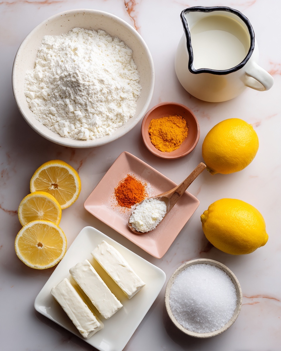 A white marbled surface holds several ingredients for baking or cooking. In the center left, there is a large white bowl filled with white flour. Above it, a blush pink tray has three small dishes: one with orange powder, another with a white grainy substance and a small wooden spoon, and the last with a white fluffy powder. To the right of the tray, a small white rectangular plate holds four thick slices of white cream cheese or butter stacked neatly. Surrounding these items are four whole bright yellow lemons and two lemon halves. On the top right sits a white pitcher with a black rim filled with milk. At the bottom right, a white bowl contains granulated white sugar. The whole scene is clean, bright, and well organized. Photo taken with an iphone --ar 4:5 --v 7