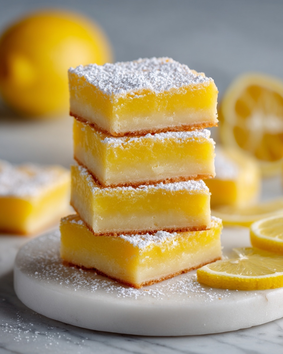 A stack of five square lemon bars is placed on a round white marble board. Each bar has a golden-yellow top layer with a slightly powdery texture from powdered sugar, and a pale yellow, soft, creamy middle layer that looks dense and moist. The bars are neatly stacked, slightly uneven in height, showing the layers clearly. Around the board, there are thin lemon slices and a lemon half, and in the background, a whole lemon sits on a white marbled surface. The lighting is bright and natural, emphasizing the fresh, bright colors and soft textures. photo taken with an iphone --ar 4:5 --v 7