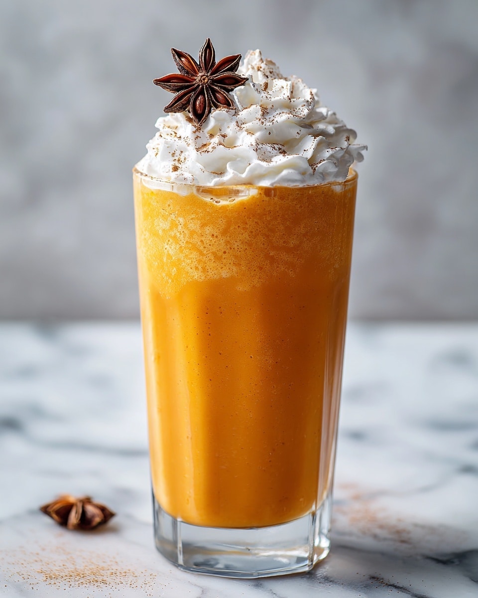 A tall clear glass filled with a smooth, thick, orange pumpkin drink, topped with a generous swirl of white whipped cream sprinkled with light brown spice powder, and garnished with a single dark brown star anise placed on the whipped cream. The glass is set on a white marbled surface with a blurred soft background, photo taken with an iphone --ar 4:5 --v 7