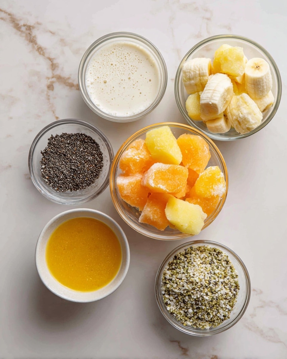There are five clear glass bowls on a white marbled surface. At the top right, a bowl holds frozen fruit pieces in pale yellow, bright yellow, and light orange with some light brown frozen banana pieces on the side. To the left is a bowl of a creamy white liquid. Below this, there is a small bowl with tiny black chia seeds. To the right of the chia seeds, a larger bowl contains an orange-yellow liquid. At the bottom right, there is a small bowl with light green and white hemp seeds. photo taken with an iphone --ar 4:5 --v 7