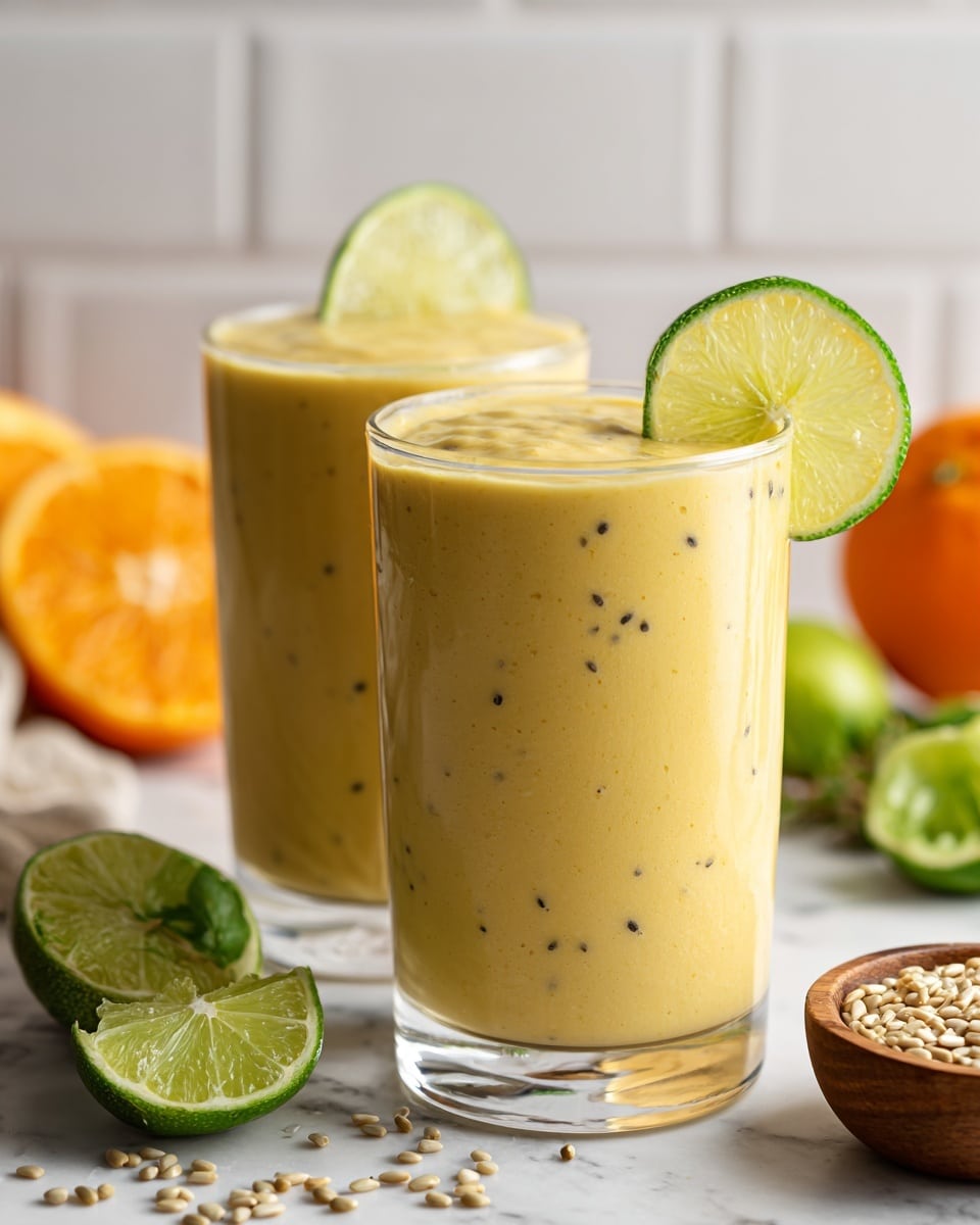 Two clear glass cups filled with a thick, creamy yellow smoothie are shown on a white marbled surface. Each glass has a slice of fresh green lime sitting on its rim. The smoothie inside is smooth with small specks of black and green on the surface, possibly herbs or spices. On the table near the cups are half and whole fresh limes and an orange fruit. A small wooden bowl filled with small light-colored seeds is also nearby. The background is soft white with a tiled wall texture. photo taken with an iphone --ar 4:5 --v 7