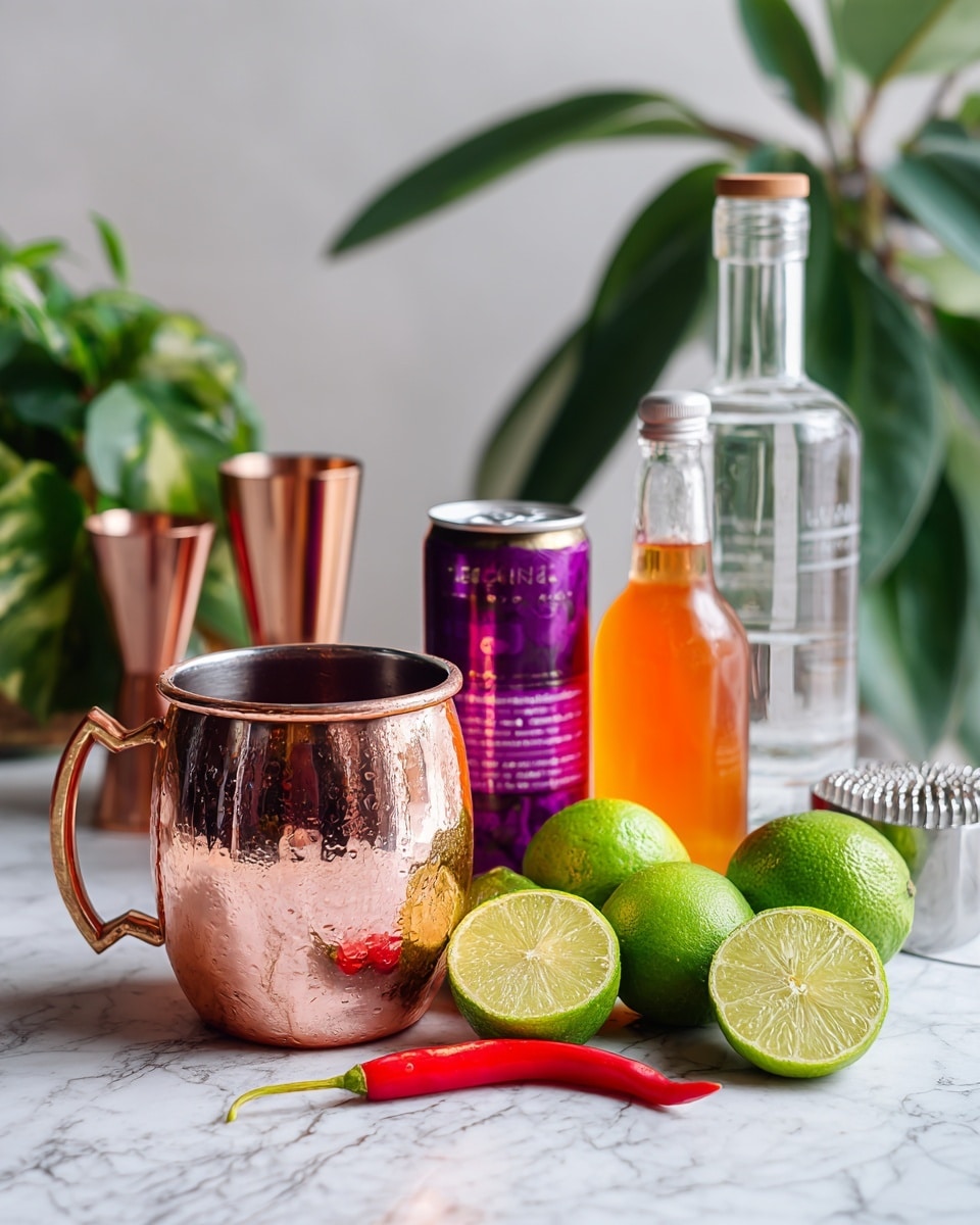 A scene on a white marbled surface showing a copper mug with a shiny metallic interior on the left, next to a copper jigger in the background. In the middle, a small can of purple ginger beer stands beside a small clear bottle with orange liquid labeled maple syrup. To the right, a tall clear bottle of vodka is placed behind three whole green limes and one sliced lime showing its green inside. A red chili pepper lies in front of the limes next to a metal citrus squeezer. Green leafy plants softly blur in the background. Photo taken with an iphone --ar 4:5 --v 7