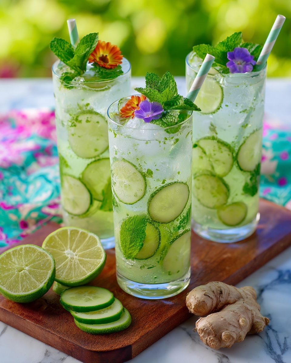 Three tall clear glasses filled with light green fizzy drink, each glass layered with thin round lime slices floating inside, small ice cubes, and decorated on top with fresh green mint leaves and small colorful edible flowers in orange and purple. Each glass has a white and green striped straw placed in it. The glasses sit on a wooden board with fresh sliced lime halves and a fresh ginger root on a white marbled surface. In the background, a colorful blue, green, and pink patterned cloth adds a soft contrast with green blurred grass beyond. Photo taken with an iphone --ar 4:5 --v 7