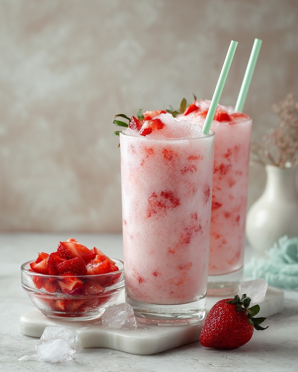 The image shows two tall clear glasses filled with a light pink chilly drink that looks frosty. Each glass has a few small bright red chopped strawberries on top and a light green straw sticking out. In the front left, there is a small clear bowl full of more chopped strawberries. A whole strawberry lies on the white marbled surface next to the glass on the right. The background is softly blurred with a neutral tone. The whole scene looks fresh and cool. photo taken with an iphone --ar 4:5 --v 7