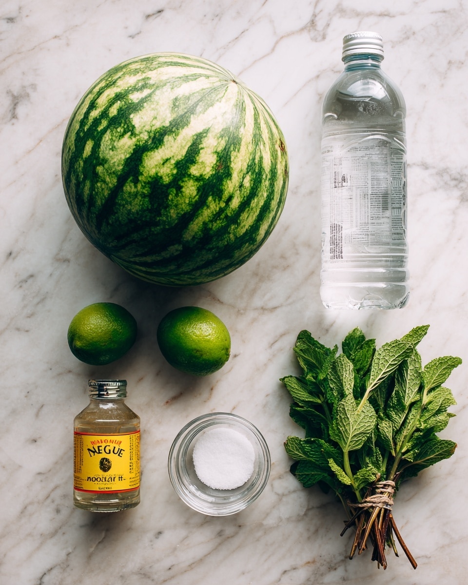 On a white marbled surface, there is a small whole watermelon with green and dark green stripes on the top left. Below it, two green limes are placed next to each other. To the right of the limes, a small clear glass bowl holds some white coarse salt. Above the salt bowl, a tall clear plastic bottle of soda water with a white label and white cap is standing upright. On the bottom left corner, a yellow-orange bottle of agave nectar with a black and orange label lies flat. On the bottom right side, a bunch of fresh green mint leaves with brown stems is tied together. Photo taken with an iphone --ar 4:5 --v 7