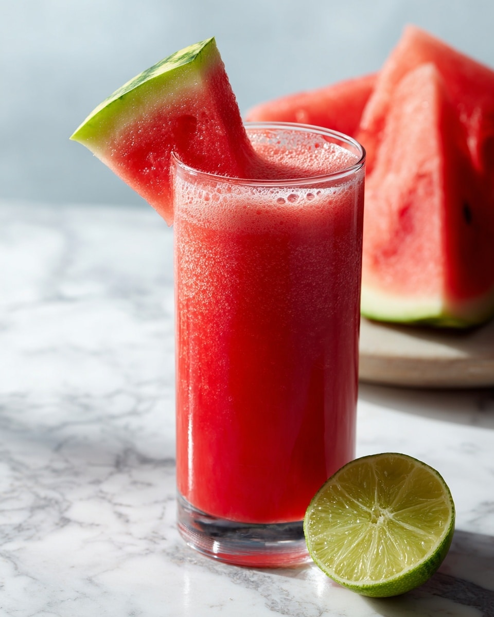 A tall, clear glass filled with a bright red juice that has a light foam layer on top. A triangular slice of watermelon with a green rind is placed on the rim of the glass. In the background, there is a large wedge of watermelon and a slice of lime placed on a white marbled surface. The scene is bright and fresh. photo taken with an iphone --ar 4:5 --v 7