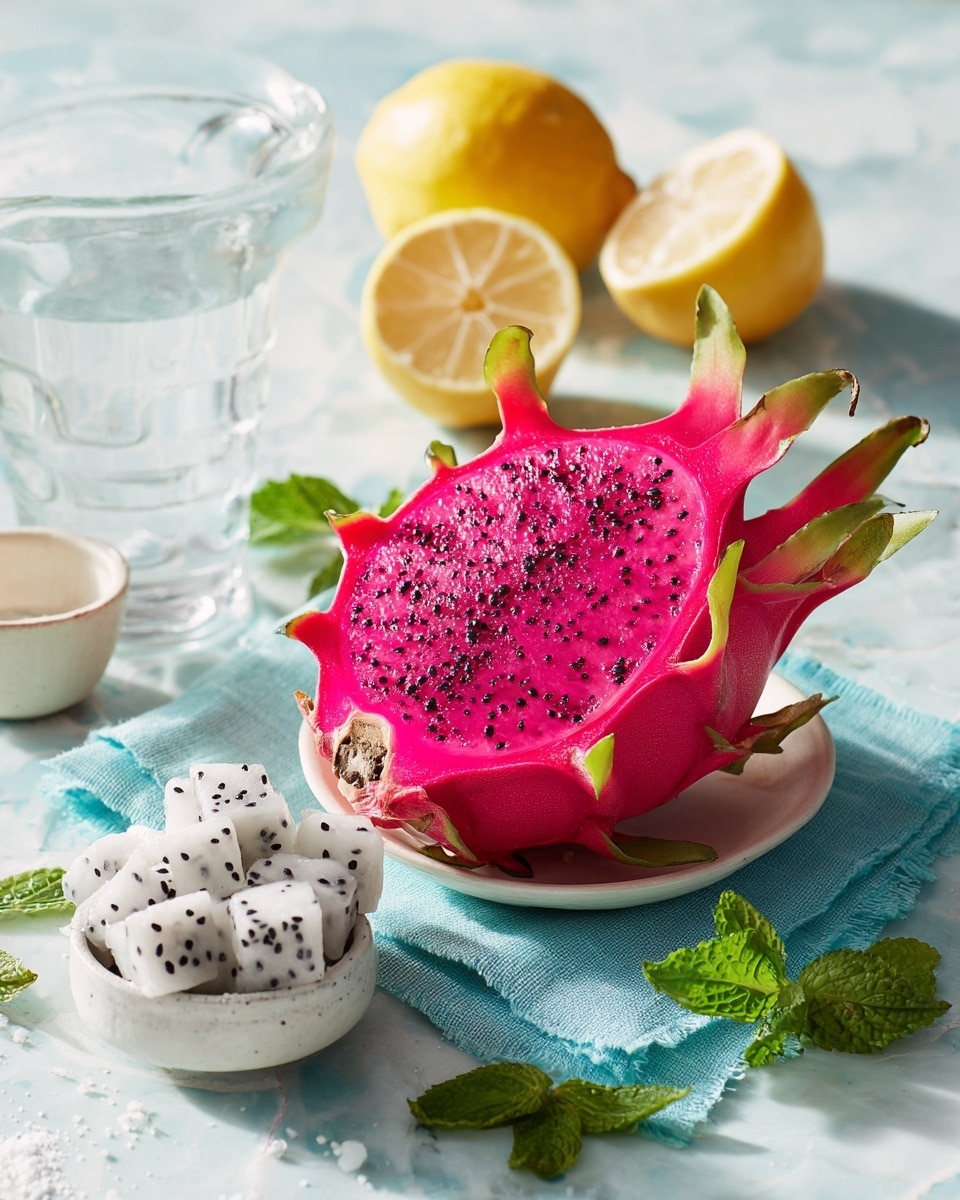 A vibrant pink dragon fruit with green-tipped scales sits on a light blue cloth on a white marbled surface, accompanied by a white bowl filled with small white cubes speckled with black seeds, two bright yellow lemon halves, a clear glass container of water, a white cup of sugar, and a few fresh green mint leaves placed nearby, all arranged neatly from top to bottom. photo taken with an iphone --ar 4:5 --v 7