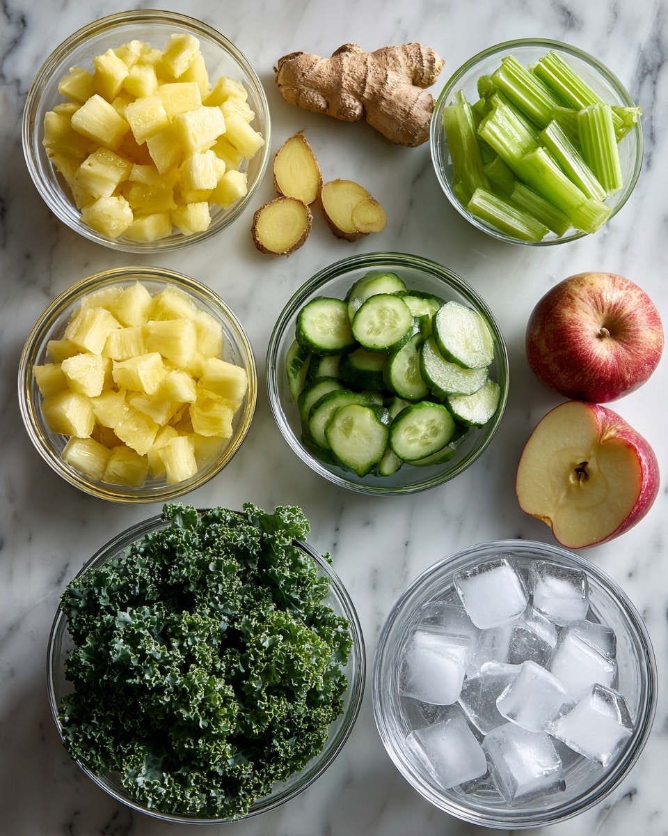 The image shows seven clear glass bowls arranged on a white marbled surface. One bowl contains small cubes of light yellow pineapple, another bowl has round slices of green cucumber, and a larger bowl is filled with dark green curly kale leaves. There is a bowl of large ice cubes and a smaller bowl with short light green celery pieces. A bowl near the top left corner holds small pale yellow cubes of ginger. On the marble surface near the bowls are two halves of a red and yellow apple and a piece of brown ginger root. Photo taken with an iphone --ar 4:5 --v 7