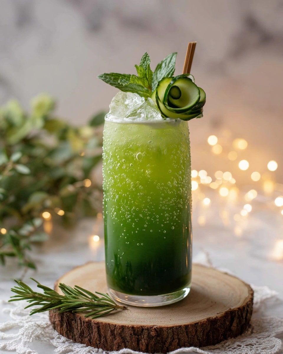 A tall clear glass shaped like a can is filled with a three-layer green drink, with the darkest green layer at the bottom, a lighter green middle layer, and a foamy pale green top layer, all covered with small water droplets on the outside. The drink has ice cubes floating inside, and a wooden stick is placed inside the glass from the top. Garnishing the glass are a curled cucumber slice, a flower-shaped cucumber piece, and a fresh green mint leaf, all placed on the rim. The glass sits on a round wood slice with bark around its edge, resting on a soft white lace fabric with tiny warm lights that create a gentle glow. Behind this, there is a sprig of fresh mint leaves and a small rosemary branch, all set on a white marbled surface. Photo taken with an iphone --ar 4:5 --v 7