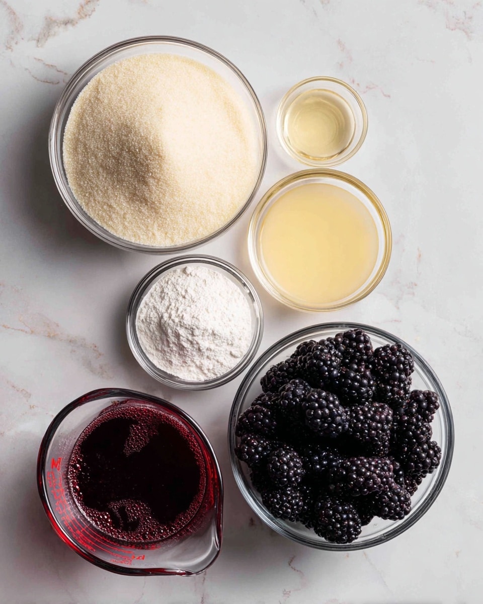 The image shows five clear glass bowls and a measuring cup on a white marbled surface, each filled with different ingredients. In the top left, a large round bowl holds pale yellow granulated sugar. To its right, a small bowl contains a light yellow liquid. Below the sugar bowl, a smaller bowl is filled with white flour. To the right of the flour, a large bowl is packed with dark purple blackberries that have a slightly shiny texture. At the bottom left, a clear glass measuring cup holds a dark red liquid with bubbles on the surface. All containers are spaced with clear view of each ingredient inside photo taken with an iphone --ar 4:5 --v 7