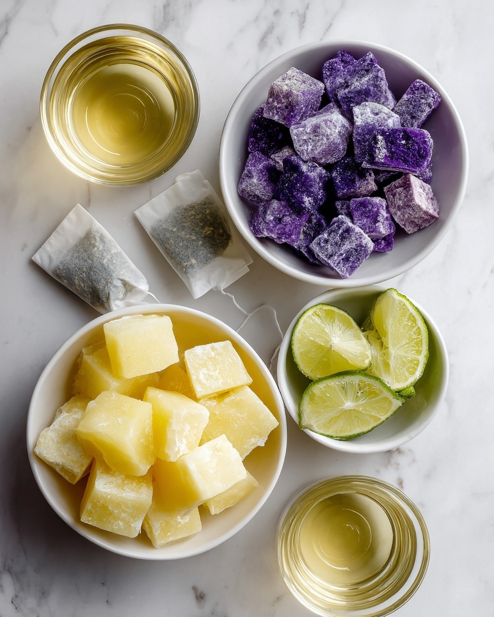 The image shows four white bowls and two glasses on a white marbled surface. The top right bowl is filled with small bright purple chunks with a slightly rough texture. The bottom left bowl contains larger yellow chunks that are smooth with some icy spots. The small bowl at the bottom right holds three lime wedges that are bright green with white edges. One glass near the top left is filled with a light golden liquid, and the other smaller glass near the bottom right holds the same liquid. Two tea bags with white tags rest near the top left glass. Photo taken with an iphone --ar 4:5 --v 7