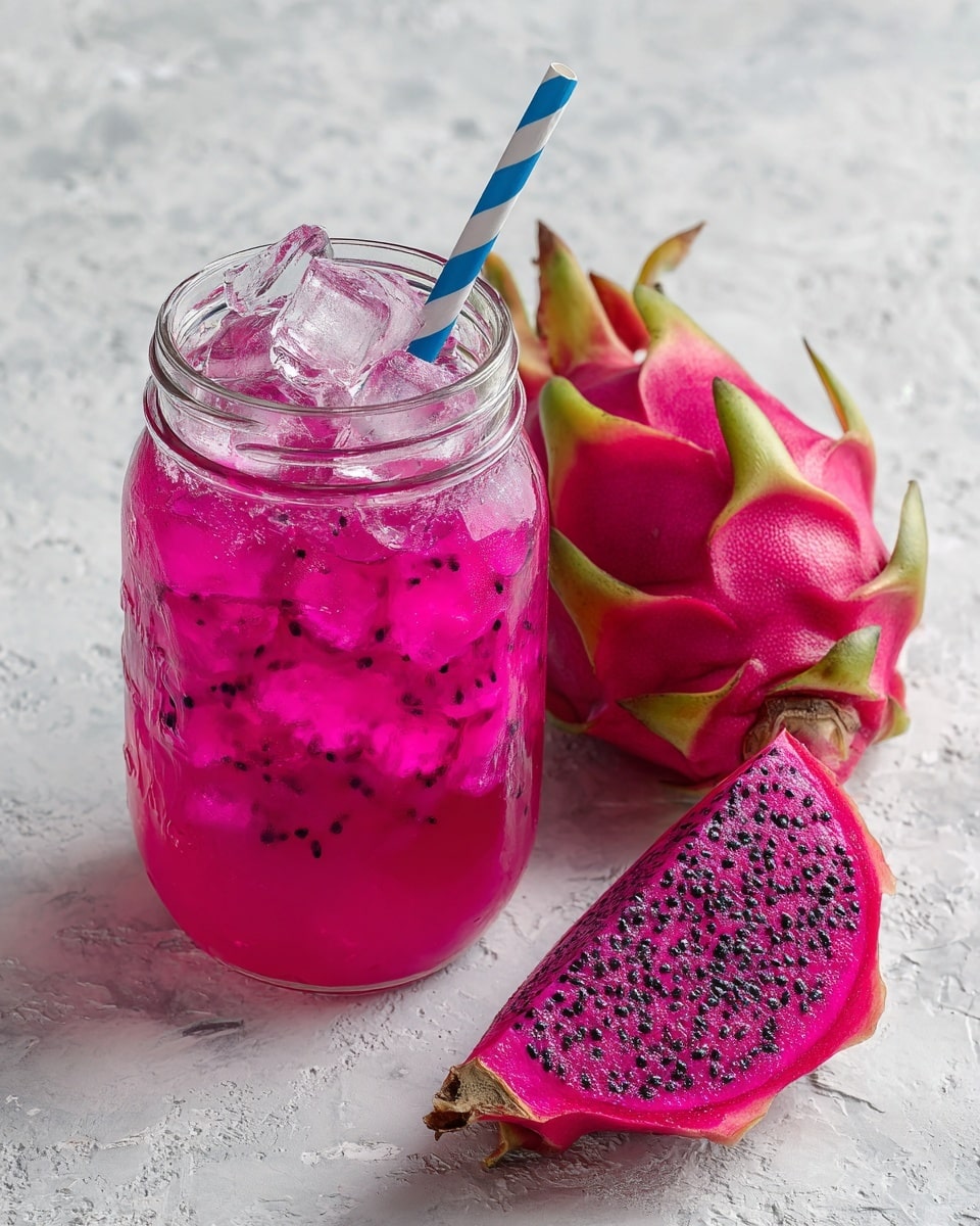 A clear glass jar filled with bright pink juice and several ice cubes is placed on a white marbled surface. A blue and white striped straw stands inside the jar. Next to the jar is a half of a dragon fruit showing its vibrant magenta inside with small black seeds scattered evenly across the surface. The outer skin of the dragon fruit is deep pink with hints of green. photo taken with an iphone --ar 4:5 --v 7