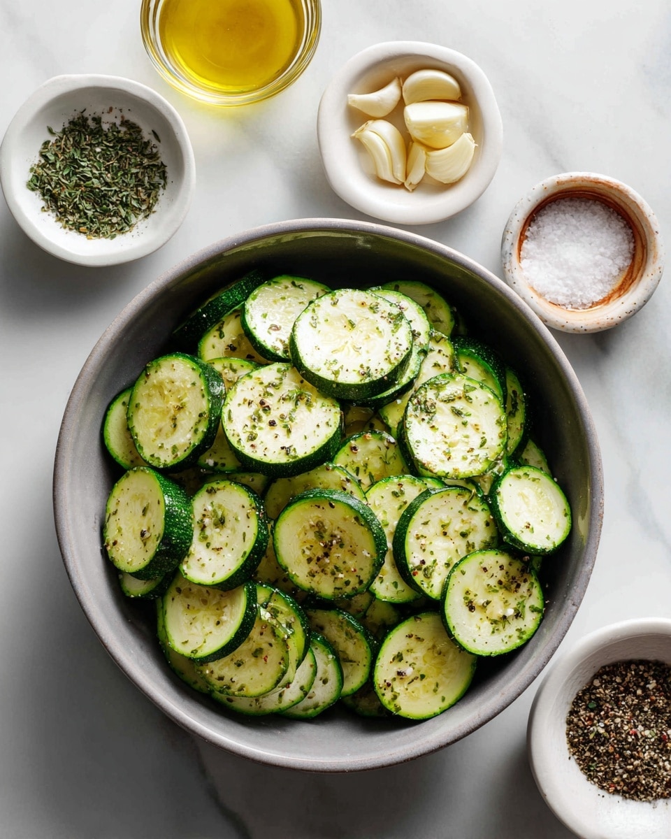 A top view of a grey bowl filled with sliced green zucchini rounds, placed on a white marbled surface. Around the bowl are five small white dishes; one has chopped garlic, one has dried herbs, one has olive oil, one has black pepper, and the last one has salt. The scene is evenly lit, showing clear details of each ingredient. Photo taken with an iphone --ar 4:5 --v 7