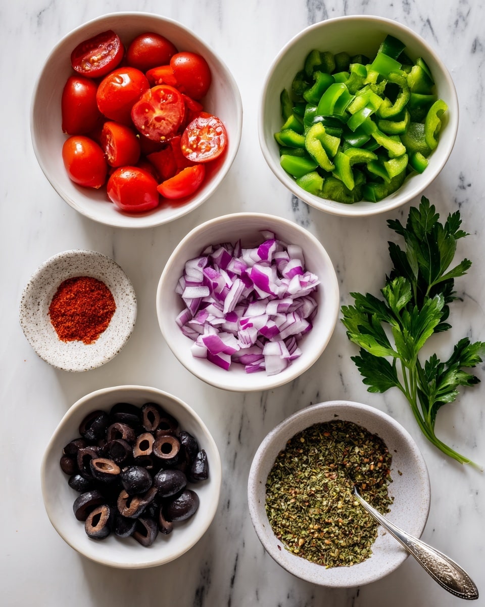 The image shows five white bowls and some uncooked spaghetti laid out on a white marbled surface. The top left bowl holds grape tomatoes cut in half, displaying their shiny red skins and seeds. To the right, a bowl is filled with chopped green bell peppers, with a bright and fresh look. Below that, there is a bowl with diced red onions, showing layers of pale purple and white colors. On the bottom left, a bowl contains sliced black olives, neatly arranged in circles. Finally, a white bowl at the bottom right holds a textured mix of herbs and spices with a spoon resting inside. Fresh green parsley lies near the bowls, adding a touch of vibrant green color. Photo taken with an iphone --ar 4:5 --v 7