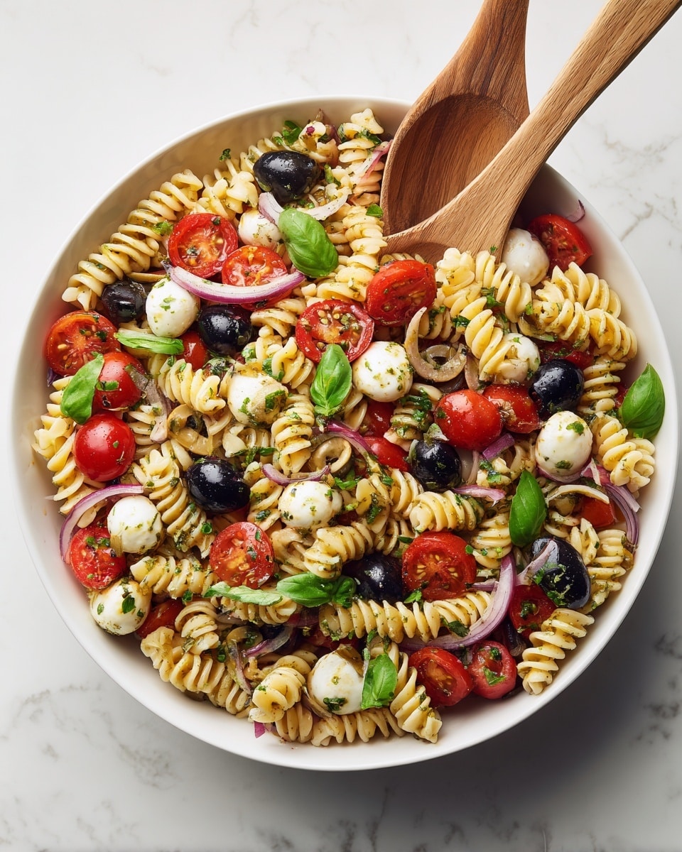 A white bowl filled with a colorful pasta salad featuring spiral-shaped pasta as the main layer, light beige in color with a slightly firm texture. Scattered throughout are layers of halved cherry tomatoes in bright red, small white mozzarella balls, and sliced black olives with a dark, glossy finish. Thin rings of pale yellow pepper and purple onion slices add contrast, while fresh green basil leaves are placed on top and mixed inside, giving a fresh look. The salad is lightly coated with herbs and small green bits of parsley, creating a fresh and vibrant visual. Two wooden spoons rest on the salad, with some basil leaves decorating around them on a white marbled surface. Photo taken with an iphone --ar 4:5 --v 7