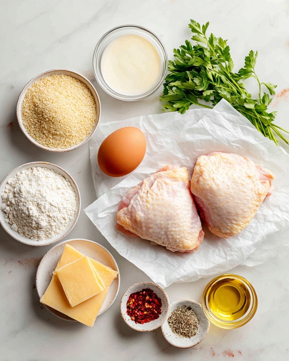 The image shows all ingredients placed neatly on a white marbled surface. In the center right, two raw pieces of chicken thighs rest on white parchment paper, showing a pale pink color with a smooth texture. Above them is a small round glass bowl filled with light cream. To the left of the chicken, an uncracked brown egg sits alone. Above the egg, a small bunch of green parsley adds a bright contrast. Surrounding these are five small white plates: the top right plate is filled with light beige breadcrumbs, the top left has red and beige spices, the bottom left holds white flour, the bottom middle has a chunk of light yellow cheese, and the bottom right plate contains salt and pepper mix. In the center bottom, there is a small glass container with golden olive oil. The arrangement is clean and well-organized with soft natural lighting. Photo taken with an iphone --ar 4:5 --v 7