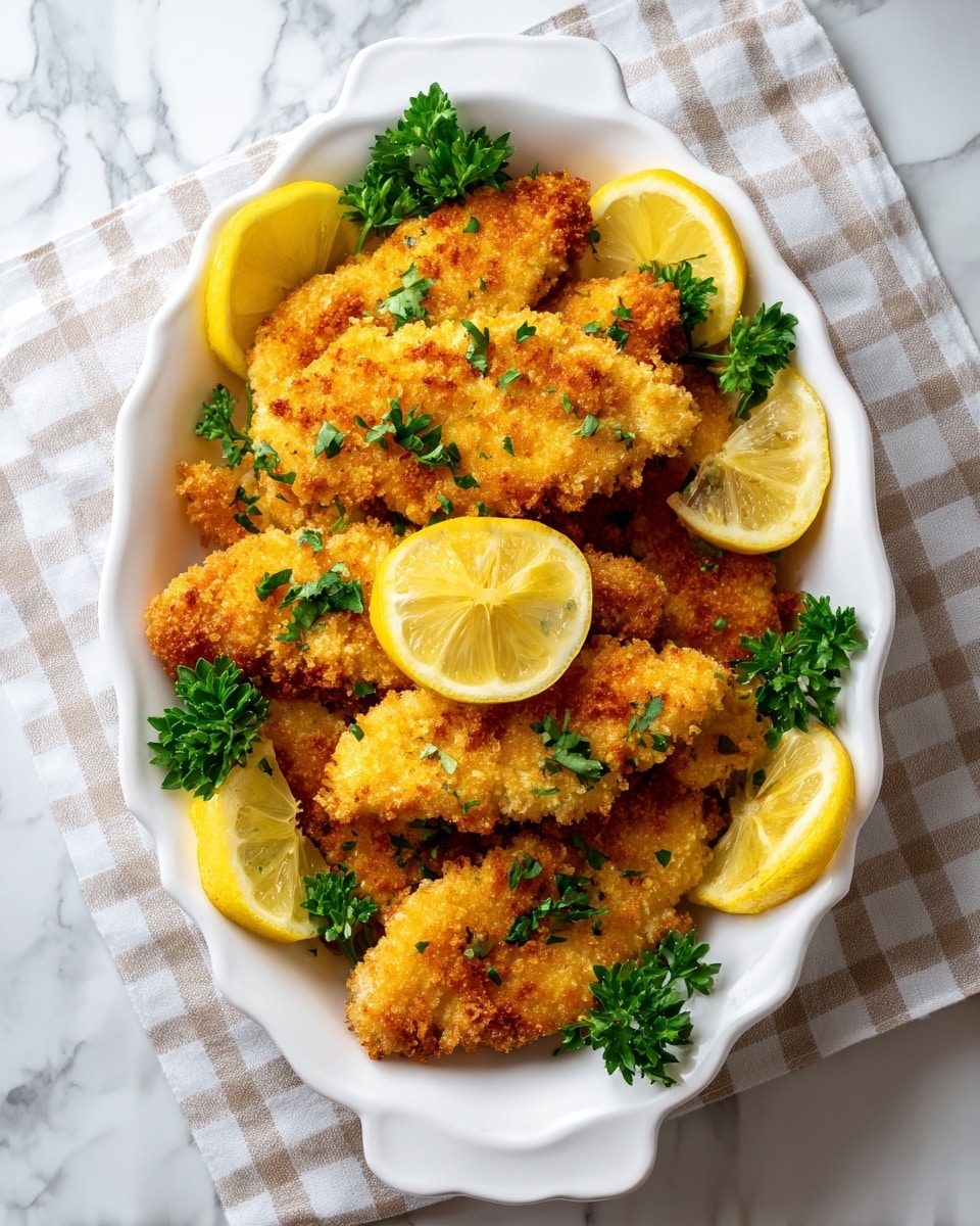 A white scalloped oval dish holds seven pieces of golden brown breaded chicken strips arranged in two layers; the bottom layer is mostly covered by the top layer which is spread out. Bright yellow lemon slices are placed around the chicken pieces, with one in the center on top. Small green parsley leaves are scattered on the chicken, and larger parsley sprigs are placed between the lemon slices for garnish. The dish is on a light-colored checkered cloth over a white marbled surface. Photo taken with an iphone --ar 4:5 --v 7