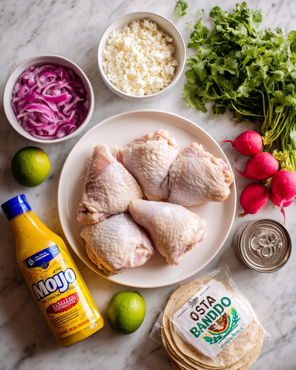 The image shows a white plate in the center holding four pieces of raw chicken with a light pink and beige texture. To the top left of the plate, there are two small white bowls, one filled with bright purple pickled onions and the other with white crumbled cheese. Below the bowls, there is a yellow bottle of Goya Mojo Criollo sauce with a blue cap. Next to the bottle, there is a small can of La Costeña chipotle peppers. To the right of the can, there is a white packet of La Banderita corn tortillas with green and red designs on the packaging. Near the bottom center, there are two whole green limes and a small white bowl with three bright red radishes. To the far right, a bunch of fresh green cilantro leaves rests on the white marbled surface background. photo taken with an iphone --ar 4:5 --v 7