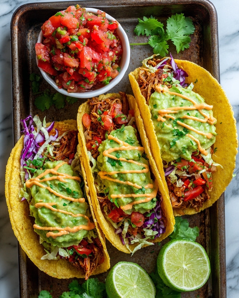 Three yellow corn taco shells are placed in a row on a dark metal tray with a few lime wedges and fresh green cilantro leaves scattered around. Each taco is filled with a layer of cooked, browned chicken pieces at the bottom, topped with shredded purple cabbage and diced red tomatoes mixed with green herbs. A light green guacamole layer sits on top, with light orange creamy sauce drizzled over it in thin lines. At the top edge of the tray is a small white bowl filled with bright red tomato salsa mixed with chopped greens. The background is a white marbled surface. Photo taken with an iphone --ar 4:5 --v 7