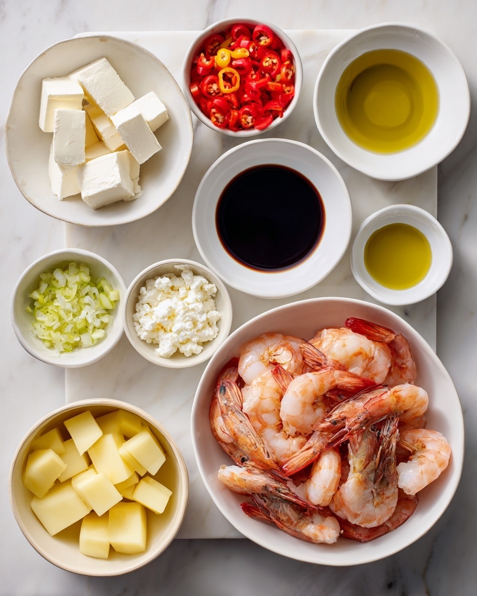 The image shows several white bowls arranged neatly on a white marbled surface, each holding different ingredients. The largest bowl at the bottom right is filled with whole raw shrimp with a pinkish-orange shell. To the bottom left, a smaller white bowl contains pale yellow cubed potatoes. Above, there are smaller white bowls with various items: one has red and green chopped peppers, another with two white cubes of butter, and several small bowls hold minced garlic, white crumbled cheese, olive oil, light green lime juice, and dark soy sauce in different textures, uniform in size and carefully placed. Photo taken with an iphone --ar 4:5 --v 7