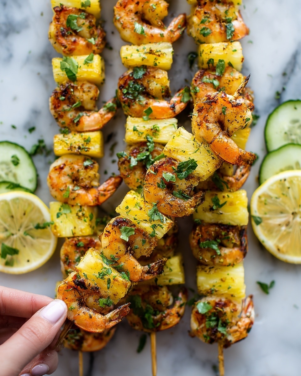 The image shows grilled shrimp and pineapple skewers arranged closely on a grill. Each skewer has alternating layers of golden-yellow pineapple chunks with char marks and orange-brown shrimp with a slight crisp texture on the surface. Some fresh green herbs are sprinkled over the top for color. At the side, there are slices of lemon and cucumber for garnish, placed on a white marbled texture background. A woman's hand is holding one skewer near the front. photo taken with an iphone --ar 4:5 --v 7