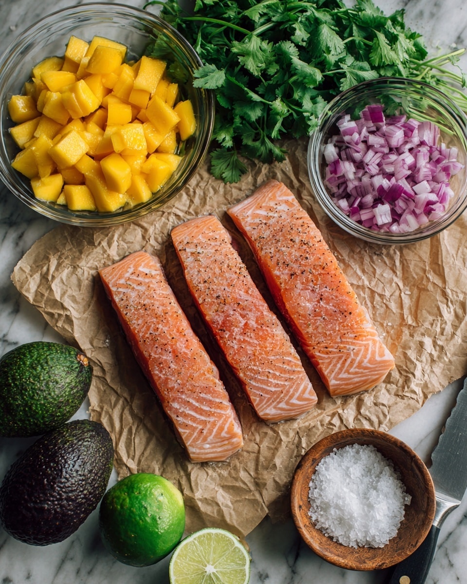 The image shows four fresh, raw salmon fillets with a pink-orange hue and light seasoning, placed side by side on crumpled brown paper atop a white marbled surface. Above the salmon, there is a bunch of green leafy cilantro. To the left, a clear glass bowl holds bright yellow diced mango chunks, and below that is another glass bowl with finely chopped red onion, mostly purple and white pieces. Nearby, there are two whole dark green avocados, one cut in half showing its light green inside and brown seed, along with a halved lime with a bright green color. Also, there is a small wooden bowl filled with coarse white salt. On the far right, part of a knife with a black handle is visible. photo taken with an iphone --ar 4:5 --v 7