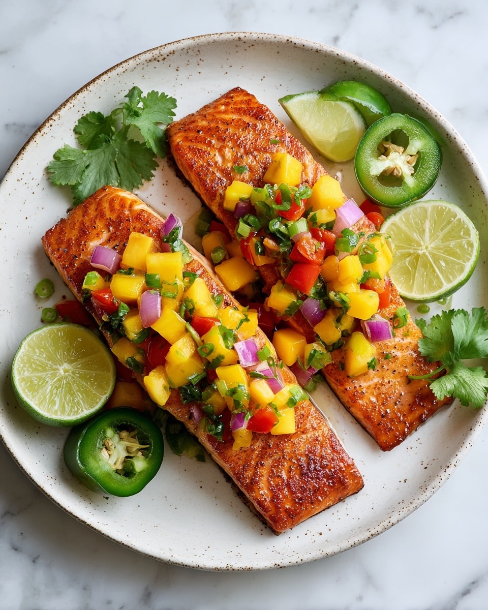 Two pieces of golden-brown cooked salmon with a slightly shiny, crisp surface are placed side by side on a round white plate with a speckled rim. Each salmon piece is topped with a chunky, colorful salsa made of diced yellow mango, red and green bell peppers, and finely chopped red onions, mixed with fresh green cilantro leaves. Around the plate, there are two lime wedges, bright green and cut into halves, and a whole green jalapeño pepper. The plate sits on a white marbled surface, creating a fresh, bright look. photo taken with an iphone --ar 4:5 --v 7