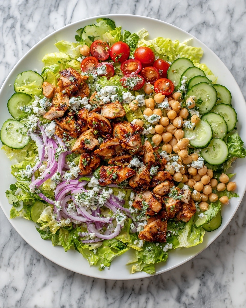 A white plate with a colorful layered salad sits on a white marbled surface. The base layer is made of green leafy lettuce spread evenly around the plate. On top of the lettuce, there are sliced round cucumber pieces arranged mainly on the top and bottom edges, mixed with round, red cherry tomatoes in the center. Light beige chickpeas are grouped mostly on the top right and top left sections. Around the salad, there are thin slices of purple onion scattered in small bunches adding pops of color. In the middle, there is a layer of grilled, slightly charred chicken pieces with a browned and textured surface. Soft white crumbled cheese is sprinkled generously over the salad, especially close to the edges and near the chicken. A green herb dressing is drizzled lightly over the entire dish. Photo taken with an iphone --ar 4:5 --v 7