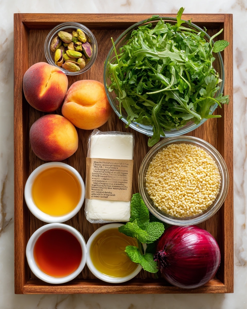 A wooden tray holds an assortment of ingredients arranged neatly. At the top right, a clear glass bowl is filled with fresh green arugula leaves, showing varied leafy textures. To its left, a smaller clear container of pistachios sits next to two soft peaches with fuzzy, orange-pink skin. Below them, a wrapped block of halloumi cheese displays its label prominently. At the center right, a large clear bowl contains tiny, round, pale yellow grains. At the bottom left are five small white bowls with different liquids: one with golden olive oil, one with a deep orange sauce, one with a red-orange sauce, and two with more transparent liquids. At the bottom right corner rests a whole red onion with a smooth shiny surface. A bunch of fresh green mint leaves is placed near the pistachios. All items sit on a white marbled surface inside the tray, photo taken with an iphone --ar 4:5 --v 7