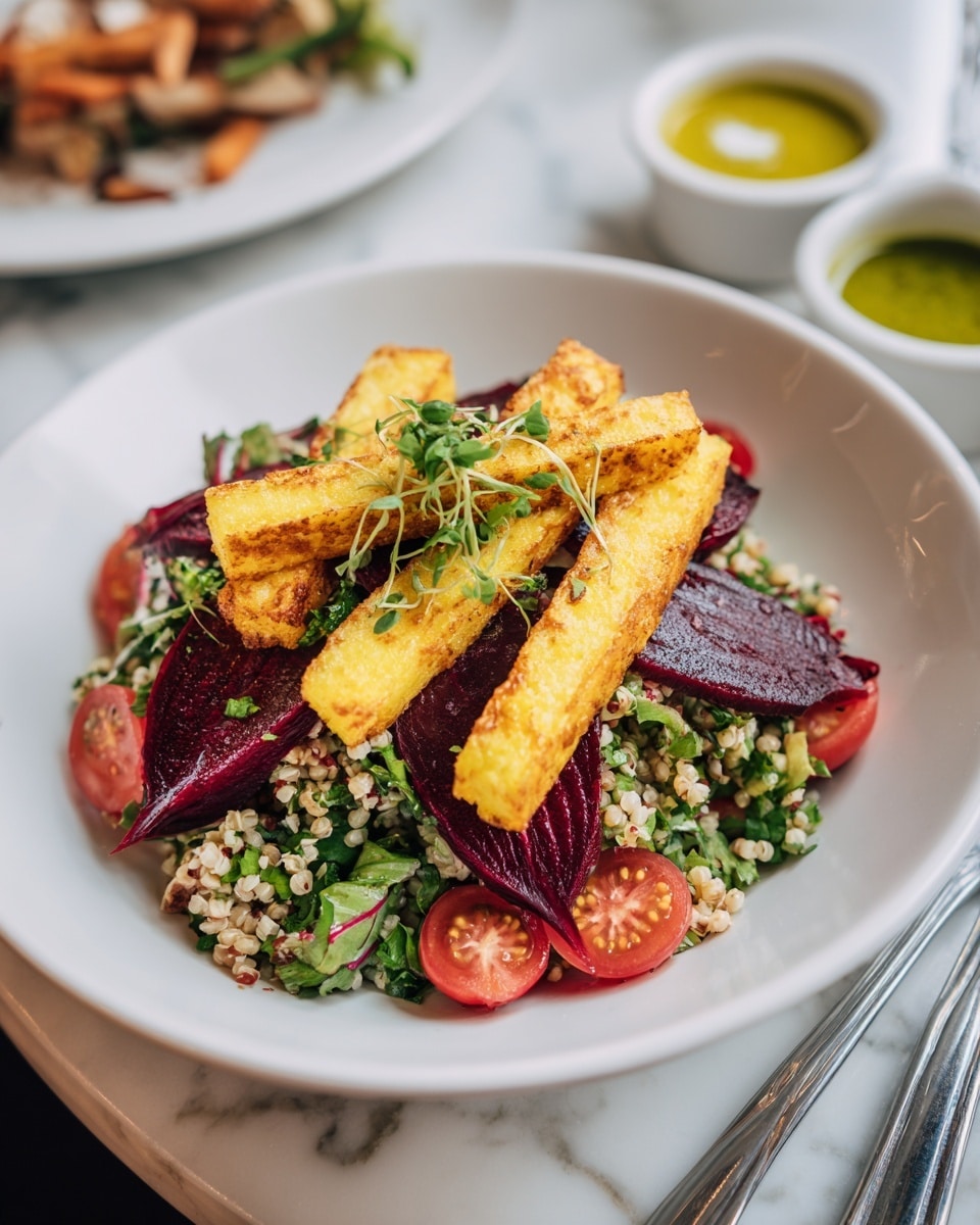 A white plate holds a colorful salad with about three main layers. The bottom layer is a mix of finely chopped green leaves and grains that look light tan. On top of that, there are bright red cherry tomato halves and dark red beet pieces scattered evenly. The top layer has four long, golden-yellow grilled cheese sticks placed across the salad. Small green herb leaves are sprinkled on top, adding freshness. The plate sits on a white marbled table, and there's a small bowl with green sauce and another with yellow dressing nearby. A fork rests on the right edge of the plate. photo taken with an iphone --ar 4:5 --v 7