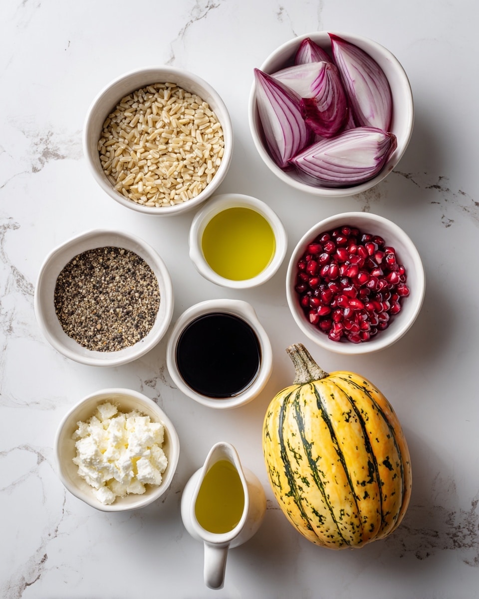 The image shows seven small white bowls and one whole yellow squash with orange stripes, all arranged on a white marbled surface. From the top left, a bowl is filled with barley grains, next to it is a bowl with sliced purple onions with light and dark purple layers. Below them, a small bowl holds black balsamic vinegar, beside it another bowl contains pomegranate seeds in red color. Below these, a bowl with white crumbled cheese is next to a bowl with salt and ground pepper. The last bowl is a small white pitcher holding a yellow-green liquid, likely olive oil. photo taken with an iphone --ar 4:5 --v 7
