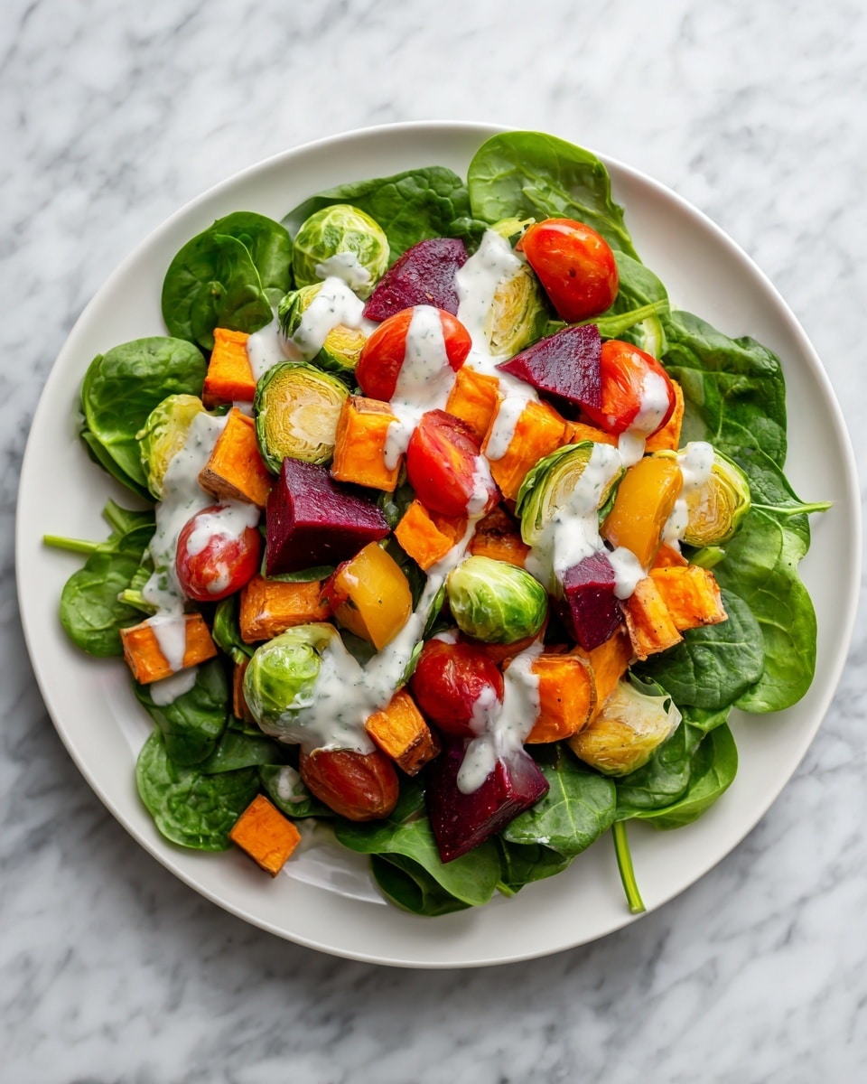 A white plate holds a colorful layered salad on a white marbled surface. The bottom layer is fresh green spinach leaves spread evenly around the plate's edge. On top are roasted vegetables arranged in a mix of orange sweet potato cubes, halved cherry tomatoes with red and orange tones, deep purple beet slices, and bright green Brussels sprouts. A creamy white dressing is drizzled over the vegetables, adding contrast and texture. The overall look is vibrant and fresh with a balance of leafy greens and roasted veggie colors. photo taken with an iphone --ar 4:5 --v 7