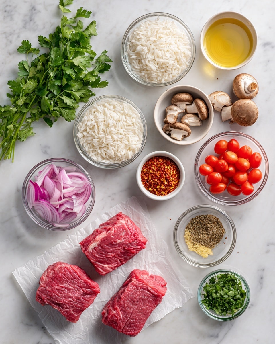 The image shows ingredients neatly arranged on a white marbled surface. In the middle, there are two raw pieces of pink beef laying on a small piece of paper. Around the beef, there are multiple small clear glass bowls and white bowls containing different items: white rice, sliced red onions, chopped small red tomatoes, small whole brown mushrooms, red chili flakes mixed with salt, minced garlic, a golden-brown liquid, a pale yellow liquid, and pickled pink onions. Fresh green herbs, including parsley and cilantro, are spread on the left and upper right sides of the beef. The colors are bright and fresh with a clean and organized look. photo taken with an iphone --ar 4:5 --v 7
