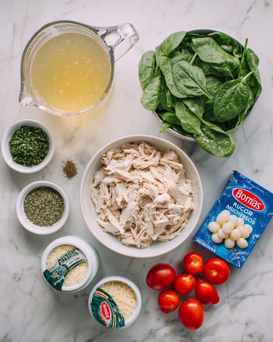 The image shows several cooking ingredients arranged neatly on a white marbled surface. In the center, there is a white bowl filled with shredded light beige cooked chicken. To the top left of this bowl, a large glass measuring jug holds light yellow broth. Surrounding the chicken bowl are smaller white bowls with various ingredients: finely chopped green herbs, a mix of salt and black pepper, dried green herbs, and grated white cheese. On the right side, a large white bowl is full of fresh bright green spinach leaves. Near the bowls, there is a green and white packaged cheese block labeled Boursin, and a white tub labeled fresh mozzarella pearls with red accents. At the bottom right, a cluster of shiny red cherry tomatoes on the vine sits next to a blue box of Barilla orzo pasta. The overall colors are soft and natural with fresh greens, reds, and light earth tones. photo taken with an iphone --ar 4:5 --v 7
