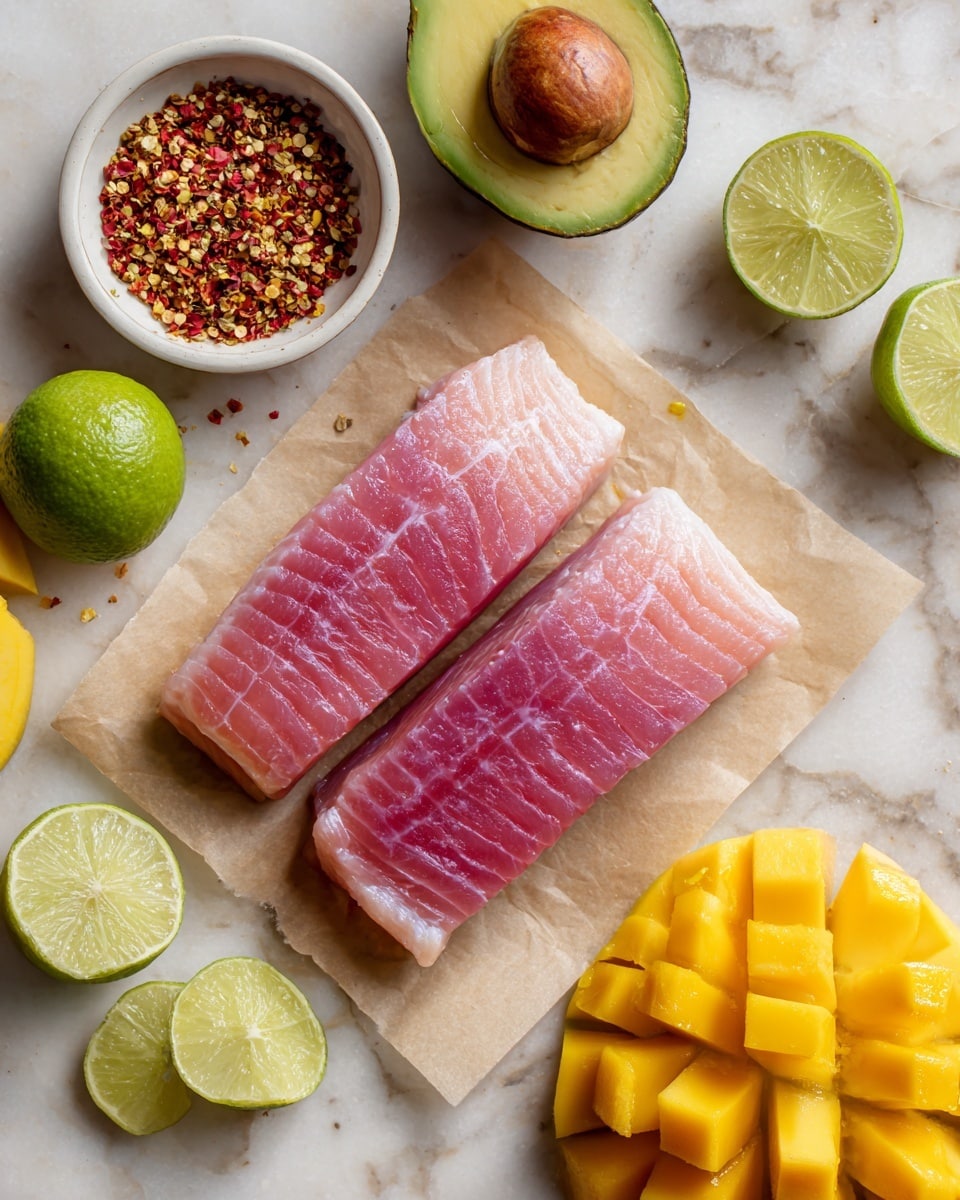 The image shows two pieces of raw pink fish placed diagonally on a light beige parchment paper over a white marbled surface. To the top left, there is a white bowl filled with a mix of colorful spices, mainly red and light brown. Surrounding the main scene on the marbled surface are a few avocado halves with bright green flesh and brown seeds, a whole lime cut in half showing its juicy green inside, and two mango halves with bright yellow-orange flesh sliced into cubes but still attached to the skin. photo taken with an iphone --ar 4:5 --v 7