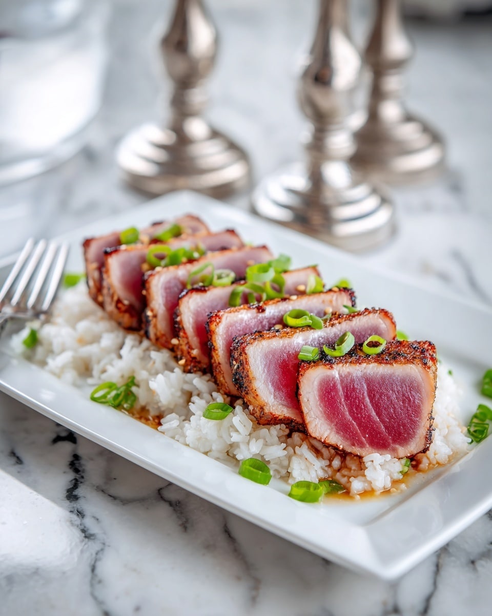 A white square plate sits on a white marbled surface, holding a bed of white rice as the base layer. On top of the rice, there are several thick slices of seared tuna arranged in a row, showing a cooked brown outer edge and a bright pink center. The tuna slices are garnished with chopped green onions, adding a fresh green color contrast. To the left of the plate, a silver fork rests partially on the rice. In the blurred background, there are two silver candle holders. Photo taken with an iphone --ar 4:5 --v 7