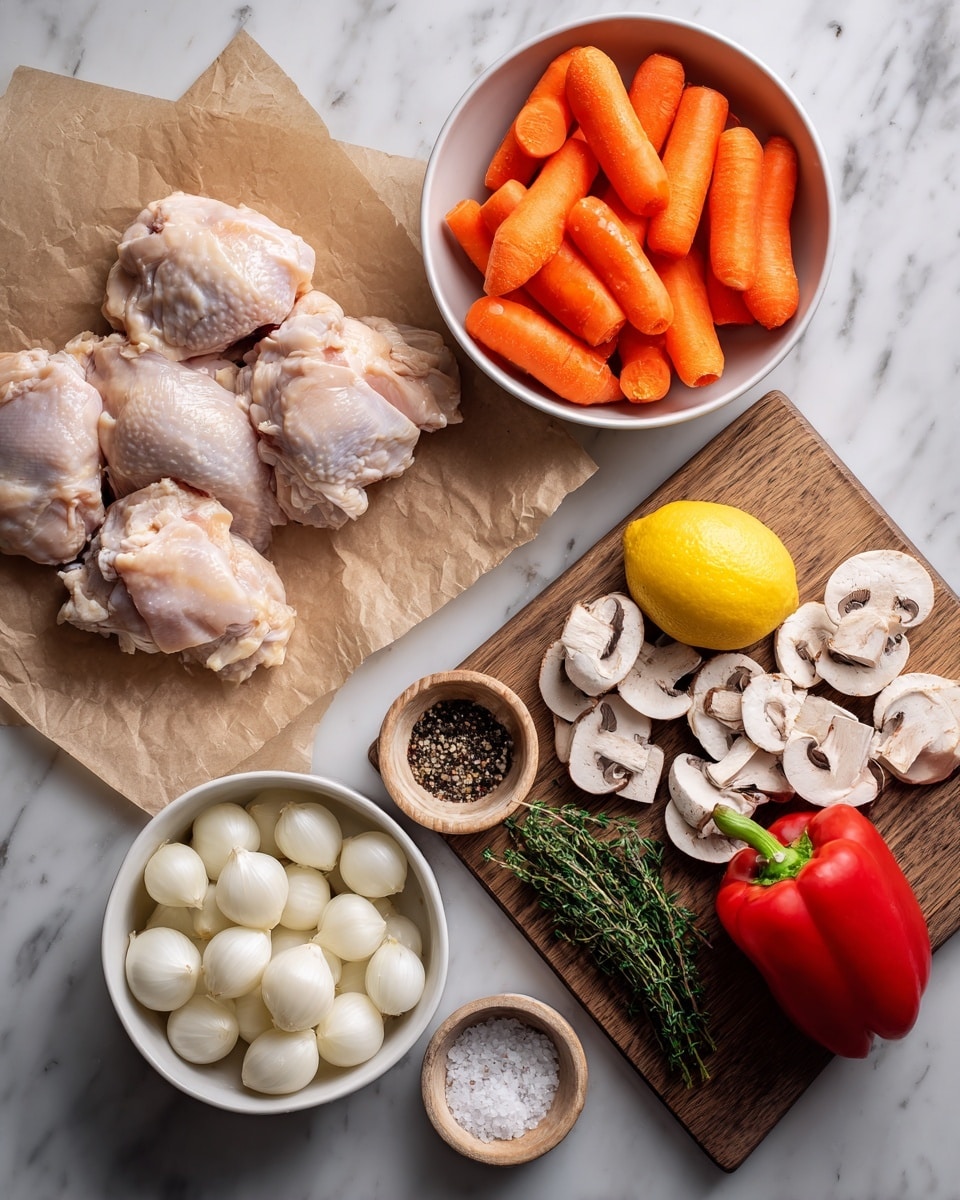 The image shows raw chicken pieces laid out on brown parchment paper positioned in the lower left corner. Above the chicken, there is a white bowl filled with bright orange baby carrots. To the right of the carrots and chicken, a wooden cutting board is placed on a white marbled surface, holding several sliced white mushrooms spread across the board, a whole yellow lemon, a red bell pepper, and green sprigs of fresh thyme. Below the cutting board, there is a white bowl filled with small white pearl onions. Between the bowls and the cutting board, two small bowls contain salt and black pepper, each with a small spoon, all resting on the white marbled surface. Photo taken with an iphone --ar 4:5 --v 7