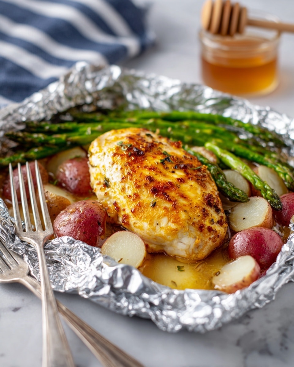 The dish shows a white foil packet opened wide on a white marbled surface, filled with a single golden-yellow piece of seasoned cooked chicken placed on top in the center. Below and around the chicken are small red and white potatoes, light brown sliced onions, and bright green asparagus spears arranged in a circular pattern. The foil edges are crinkled and shiny, reflecting light. A silver fork is visible to the left of the foil packet, and in the background, there is a striped blue and white cloth with a small container of honey and a wooden honey dipper. The photo taken with an iphone --ar 4:5 --v 7