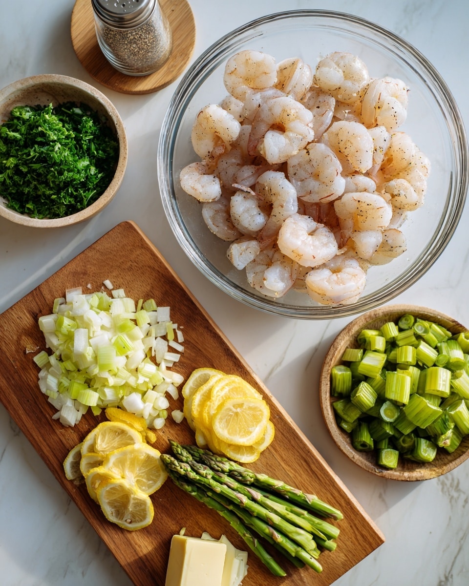 The image shows a clear glass bowl filled with raw, peeled shrimp placed on a white marbled surface. To the right, there are chopped green asparagus pieces scattered on a wooden cutting board. Below, another wooden board displays six key ingredients in neat groups: a pile of chopped green parsley on the left, minced white garlic in the center, and two rows of thinly sliced yellow lemon circles on the right. Below the garlic, there are small chunks of pale yellow butter, and next to the butter, a clear spice jar containing Italian seasoning is placed upright. The colors are fresh and vibrant with a natural light setting, photo taken with an iphone --ar 4:5 --v 7