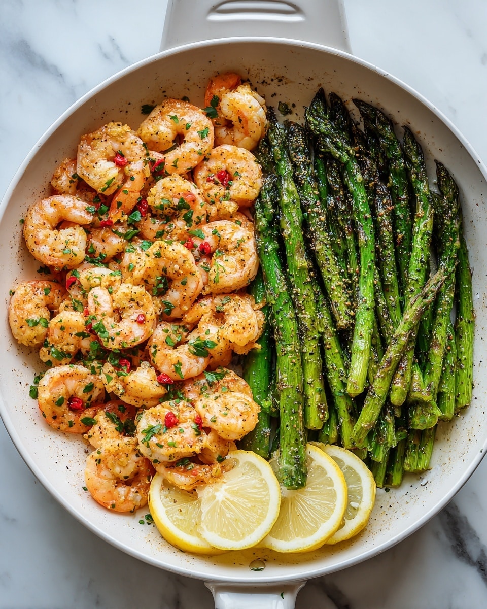 The image shows a white skillet filled with two main layers: on the left side, there is a layer of cooked shrimp with a light orange color, garnished with chopped green herbs and small red flakes; on the right side, there is a layer of green asparagus spears, slightly charred and sprinkled with seasoning. Two lemon wedges sit on opposite corners of the skillet, adding a bright yellow contrast. The skillet rests on a white marbled surface. photo taken with an iphone --ar 4:5 --v 7