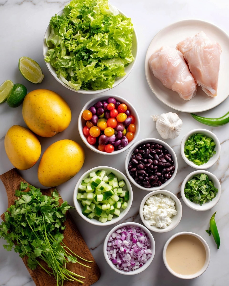 The image shows fresh ingredients neatly arranged on a white marbled surface. There are two raw chicken pieces placed on a white plate towards the top right. A large bowl filled with chopped green lettuce is in the center-left. Around it are small white bowls holding vibrant chopped purple onions, halved cherry tomatoes, black beans, sliced green cucumbers, chopped green onions, and white yogurt. Additionally, there are two whole yellow mangoes, a bunch of bright green cilantro on a wooden board with a green chili and garlic nearby, and a small bowl of light beige sauce. Everything is brightly lit, displaying fresh colors and textures clearly. Photo taken with an iphone --ar 4:5 --v 7