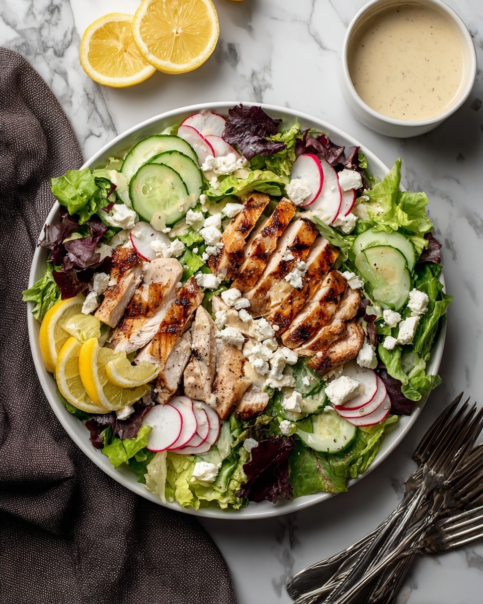 A large white plate sits on a white marbled surface filled with a vibrant salad. The base layer is a mix of green and dark purple leafy lettuce spread evenly. On top, there is a layer of thin, round cucumber slices and radish slices scattered throughout. Grilled chicken pieces, with clear dark grill marks, are sliced and layered across the salad, creating a strong contrast with the greens. Small chunks of white cheese are sprinkled over everything. Three lemon wedges are placed on one side of the plate, adding a bright pop of yellow. A light dressing is drizzled over the salad, giving a slight shine. Nearby, a small bowl of creamy dressing sits on the white marbled surface, along with a stack of white plates and metal forks on the upper right, and two large metal salad spoons on a folded dark cloth to the left. photo taken with an iphone --ar 4:5 --v 7