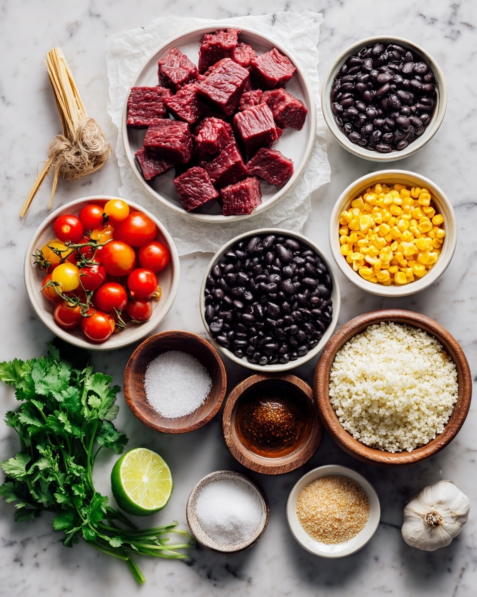 The image shows several small white bowls and dishes arranged neatly on a white marbled surface. There is a bowl with raw red meat cubes placed on a parchment. Nearby are bowls containing black beans, cooked quinoa, cherry tomatoes, and yellow corn. A small wooden bowl with a stick inside holds a dark brown liquid or paste. Other dishes contain spices in red and beige tones, salt in a wooden bowl, cream, and finely chopped onion. Fresh green cilantro leaves and a bright green lime are also visible, along with garlic cloves in a small dish. All items are spaced evenly, creating a clean and bright visual. photo taken with an iphone --ar 4:5 --v 7