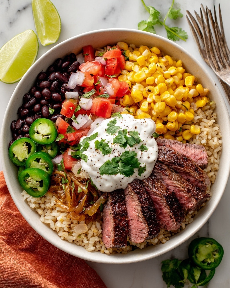 A white bowl contains six layers arranged neatly: cooked brown rice forms the base and fills most of the bowl, topped in sections by dark black beans, bright yellow corn kernels, diced red tomatoes with small bits of white onion, caramelized browned onions, and sliced medium-rare pink steak with a slightly seared outer edge. A dollop of white creamy sauce with black pepper specks sits in the center, topped with a few fresh green cilantro leaves. Around the bowl are lime wedges and sliced green jalapeños on a white marbled surface, with part of a fork and an orange cloth napkin visible nearby. Photo taken with an iphone --ar 4:5 --v 7