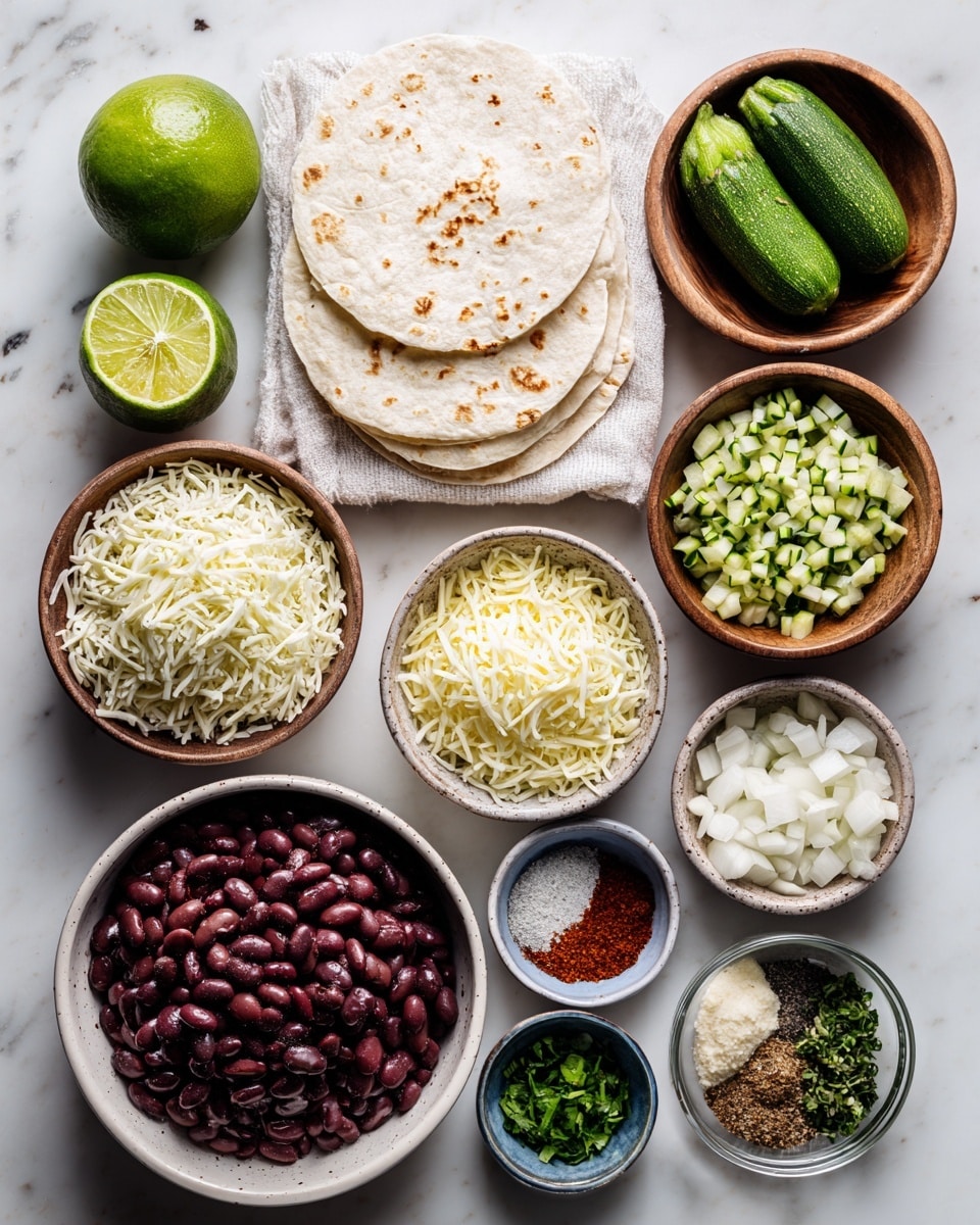 The image shows a variety of ingredients arranged neatly on a white marbled surface. At the top center, two folded tortillas rest on a white cloth. To their left, a halved lime lies with its cut side facing up. Moving clockwise, a wooden bowl contains shredded white cheese with a whole green zucchini on top, next to it another wooden bowl holds small green and white chopped zucchini pieces. Adjacent to this, a white bowl is filled with shredded yellow cheese. Below, a large white bowl contains dark red beans. Next to it, small bowls in shades of blue, purple, and clear glass hold finely chopped white onions, chopped fresh green herbs, thinly sliced green chili pieces, sliced garlic cloves, and various spices in powder form including a reddish spice, a brownish spice, and a mix of salt and pepper. All elements are vividly colored, crisp in texture, and carefully placed to show contrast and variety, photo taken with an iphone --ar 4:5 --v 7