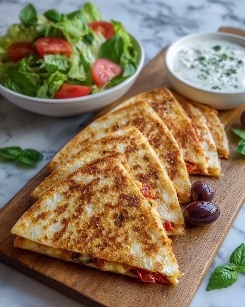 The image shows five triangular pieces of a golden brown quesadilla placed in a row on a wooden board. Each piece has a crispy, toasted outer layer with visible bits of red and green filling, likely vegetables or peppers, and a melted, creamy texture inside. Behind the quesadilla pieces, there is a white bowl filled with fresh green lettuce and some tomato pieces, adding a bright, fresh contrast. To the right, a small white bowl contains a smooth, white creamy dip with green herbs floating in it. The wooden board is decorated with a few dark purple olives and fresh green basil leaves scattered around. The background is a white marbled surface. Photo taken with an iphone --ar 4:5 --v 7