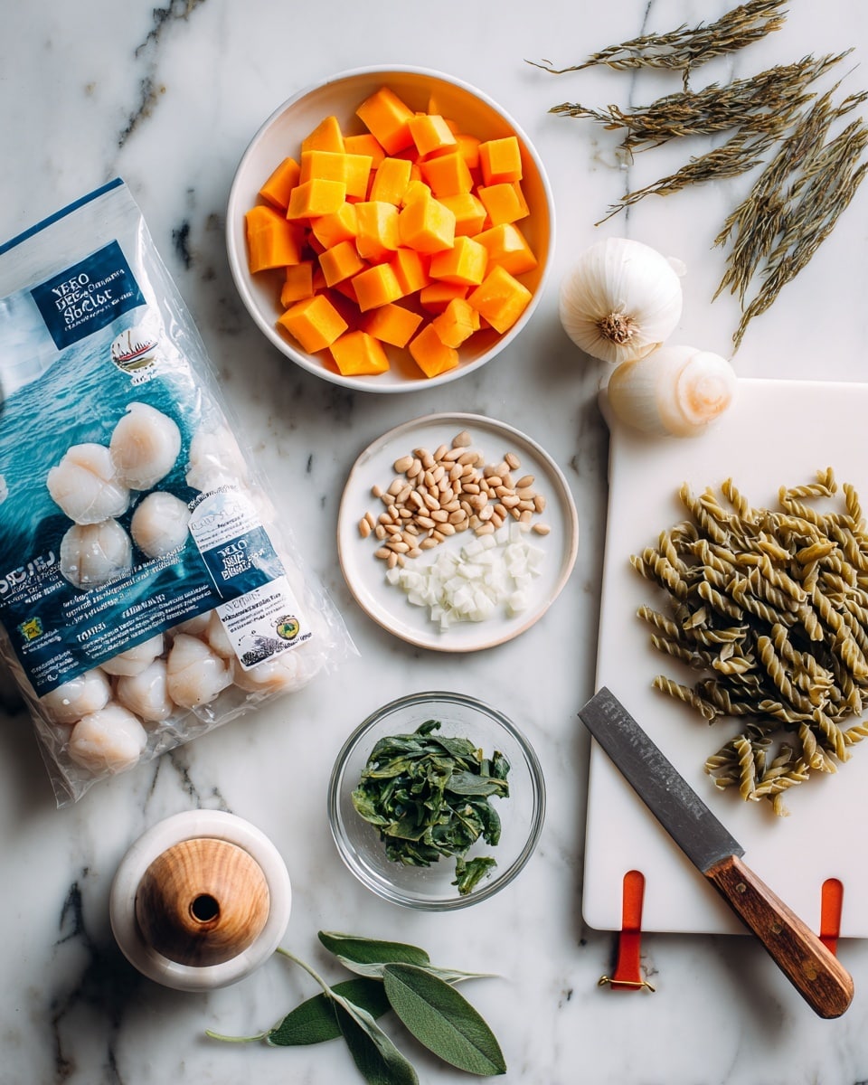 The image shows a white marbled surface with cooking ingredients neatly placed on it. On the left, there is a bag of wild-caught sea scallops, its white and blue packaging showing small round scallops inside. Above it sits a small white bowl filled with bright orange cubed pieces, likely squash. To the right, a white cutting board with a red edge holds a whole white onion and chopped pieces, along with a sharp knife with a black handle resting on it. Near the center, a small clear glass bowl contains fresh green leaves, and below it, a white mortar holds pine nuts with a wooden pestle. In the top right corner, a white plate holds bundles of twisted green pasta. A few green leaves are scattered on the white marbled surface. The photo taken with an iphone --ar 4:5 --v 7