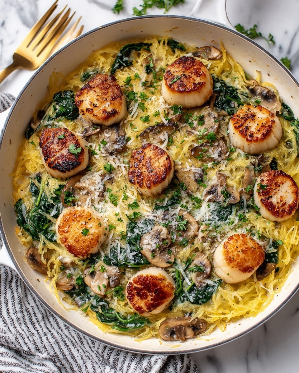 A round white pan filled with a layered dish starting with a base of light yellow spaghetti squash strands mixed with green spinach leaves and small pieces of brown mushrooms throughout. On top, there are golden brown pan-seared scallops evenly spaced in a circular pattern. The dish is sprinkled lightly with grated pale yellow cheese and small bits of green parsley, adding texture and color contrast to the overall warm tones. The pan rests on a white marbled surface with a striped cloth nearby. Photo taken with an iphone --ar 4:5 --v 7