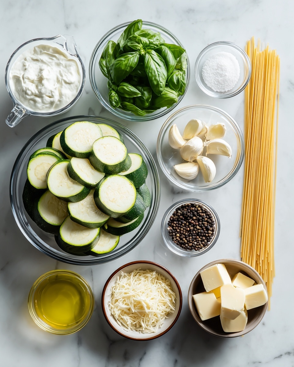 The image shows eight clear bowls with ingredients on a white marbled surface. Starting from the largest bowl at the bottom left, it is filled with many slices of green zucchini, stacked unevenly. Above it to the left is a smaller bowl filled with fresh green basil leaves. At the top center, there is a clear glass measuring cup filled with white cream. To its right, a small bowl holds peeled garlic cloves, and next to it, a small bowl contains salt. On the far right, under the salt bowl, a small bowl contains black peppercorns. Below, a small glass bowl with yellow olive oil shines brightly. Below the cream measuring cup, a brown bowl contains grated cheese, and next to it, a small cup has butter cubes. Finally, next to the grated cheese and butter, there is a bunch of uncooked spaghetti noodles placed vertically. All items are placed neatly with clear visibility of each ingredient. Photo taken with an iphone --ar 4:5 --v 7